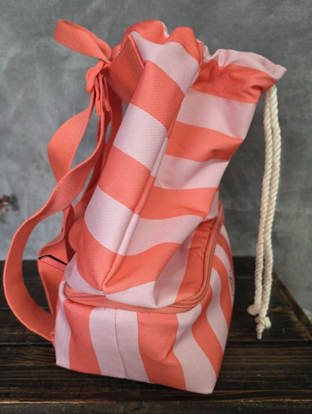 Victoria's Secret Pink Striped Cooler Backpack Drawstring Bag Beach Gym or Work
